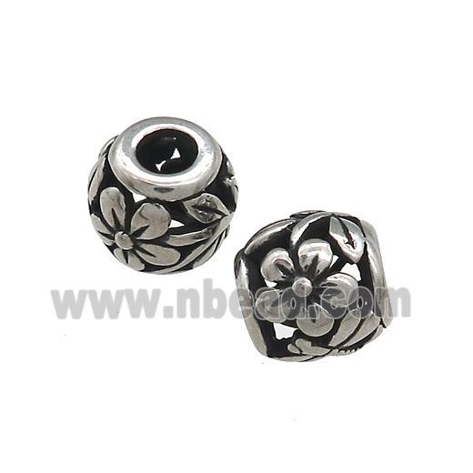 Titanium Steel Round Beads Large Hole Hollow Flower Antique Silver