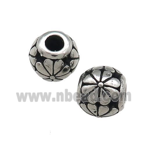 Titanium Steel Round Beads Large Hole Hollow Flower Antique Silver