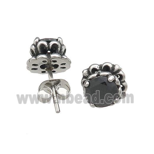 Stainless Steel Stud Earring Pave Rhinestone Lotus Antique Silver