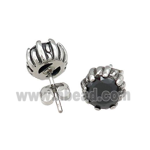 Stainless Steel Stud Earring Pave Rhinestone Lotus Antique Silver