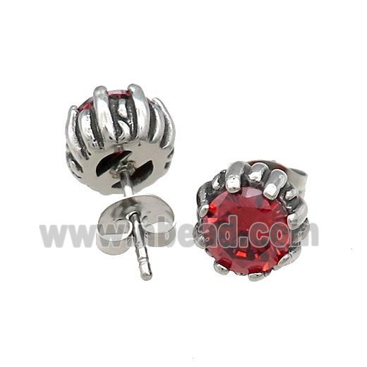 Stainless Steel Stud Earring Pave Rhinestone Lotus Antique Silver