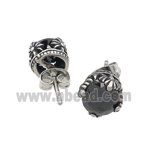 Stainless Steel Stud Earring Pave Rhinestone Antique Silver