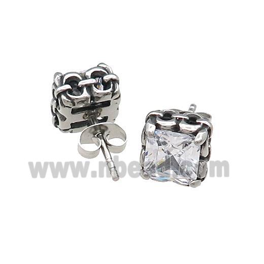 Stainless Steel Stud Earring Pave Rhinestone Antique Silver