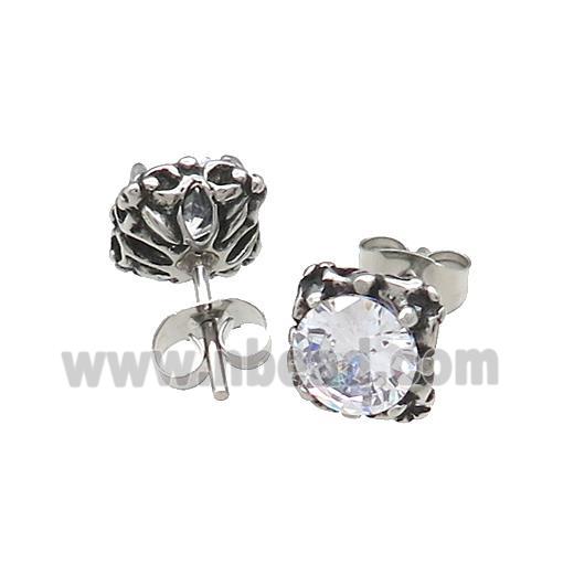 Stainless Steel Stud Earring Pave Rhinestone Antique Silver