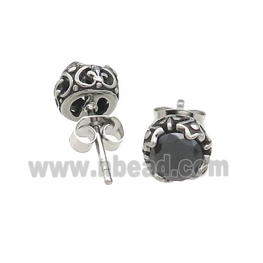 Stainless Steel Stud Earring Pave Rhinestone Antique Silver