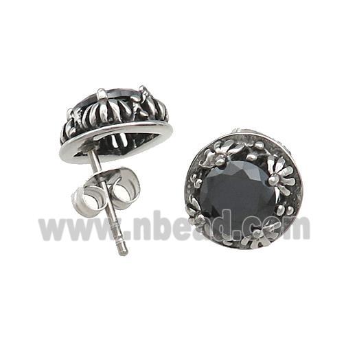 Stainless Steel Stud Earring Pave Rhinestone Antique Silver