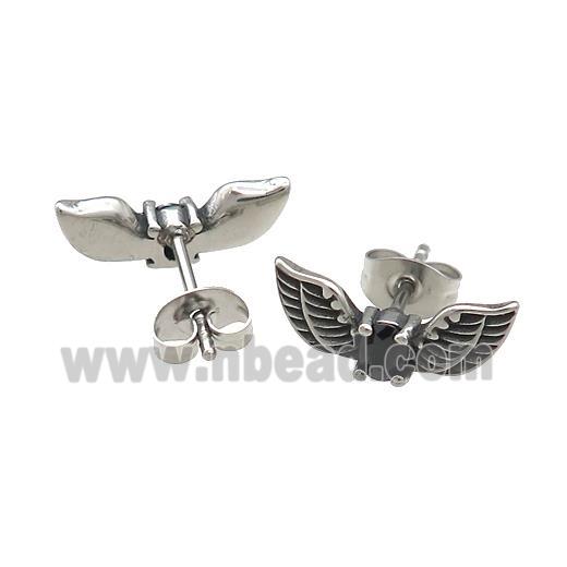 Stainless Steel Stud Earring Pave Rhinestone Angel Wings Antique Silver