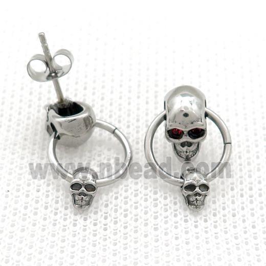 Stainless Steel Stud Earring Pave Rhinestone Skull Antique Silver