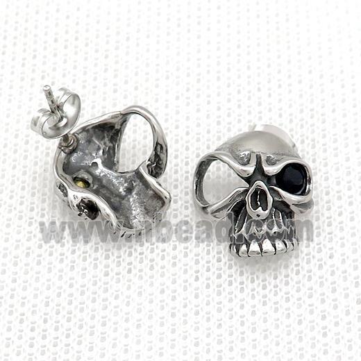 Stainless Steel Stud Earring Pave Rhinestone Skull Antique Silver