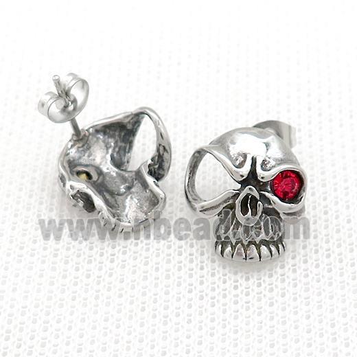 Stainless Steel Stud Earring Pave Rhinestone Skull Antique Silver