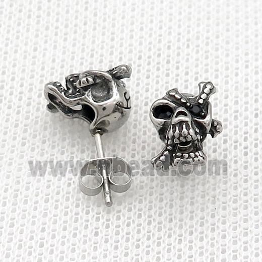 Stainless Steel Stud Earring Pave Rhinestone Skull Antique Silver