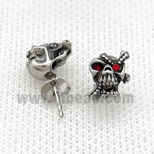 Stainless Steel Stud Earring Pave Rhinestone Skull Antique Silver