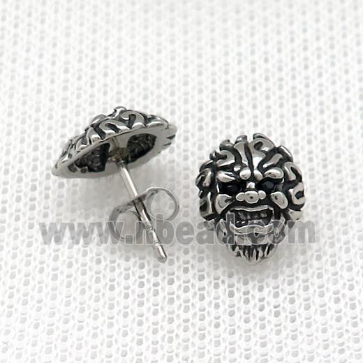 Stainless Steel Stud Earring Pave Rhinestone Skull Antique Silver