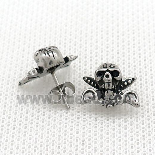 Stainless Steel Stud Earring Pave Rhinestone Skull Antique Silver