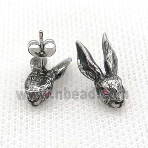 Stainless Steel Stud Earring Pave Rhinestone Rabbit Antique Silver