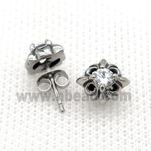 Stainless Steel Stud Earring Pave Rhinestone Antique Silver