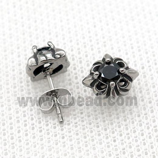 Stainless Steel Stud Earring Pave Rhinestone Antique Silver