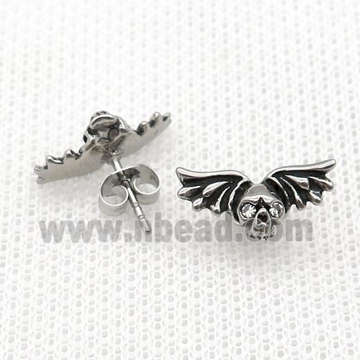 Stainless Steel Stud Earring Pave Rhinestone Skull Wings Antique Silver