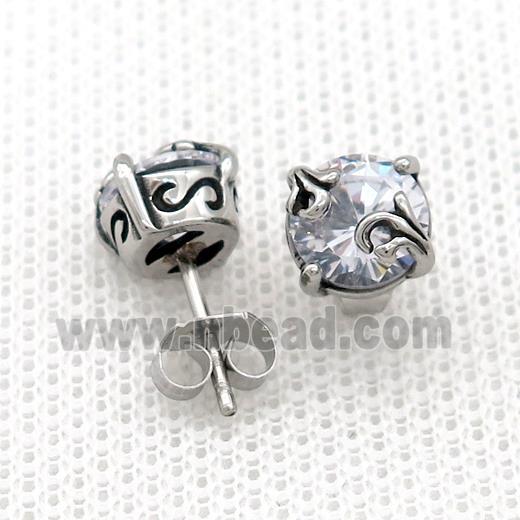 Stainless Steel Stud Earring Pave Rhinestone Antique Silver