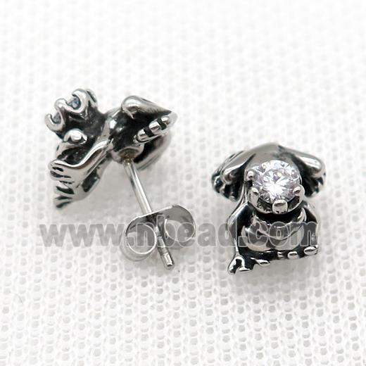 Stainless Steel Stud Earring Pave Rhinestone Antique Silver