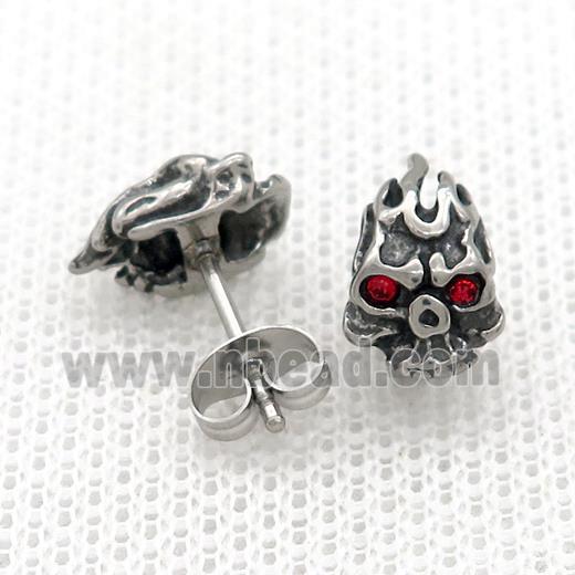 Stainless Steel Stud Earring Pave Red Rhinestone Skull Antique Silver