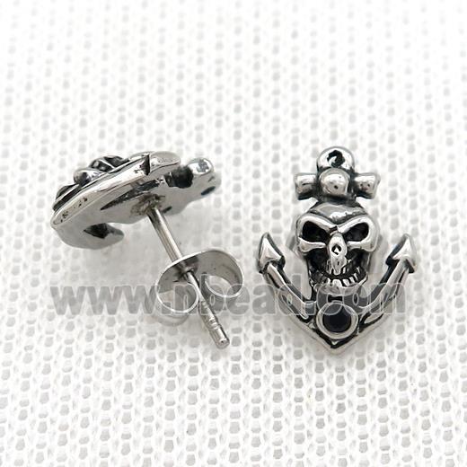 Stainless Steel Stud Earring Pave Rhinestone Skull Antique Silver