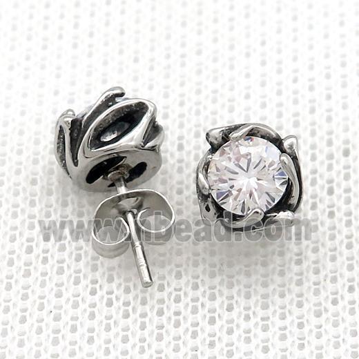 Stainless Steel Stud Earring Pave Rhinestone Antique Silver