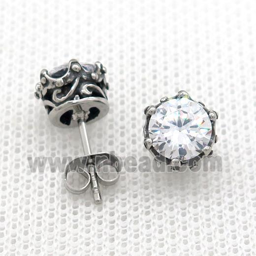 Stainless Steel Stud Earring Pave Rhinestone Antique Silver