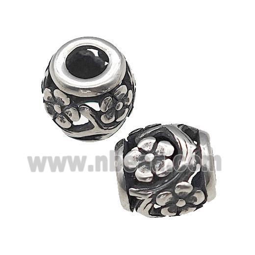 Titanium Steel Barrel Beads Large Hole Flower Hollow Antique Silver