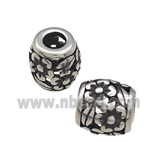 Titanium Steel Barrel Beads Large Hole Flower Hollow Antique Silver