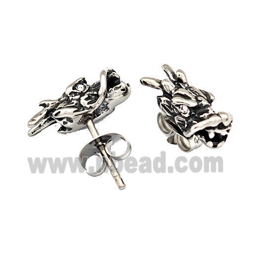 Stainless Steel Stud Earrings Pave Rhinestone Dragon Head Antique Silver