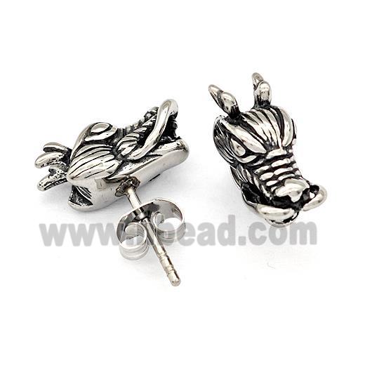 Stainless Steel Stud Earrings Dragon Head Antique Silver