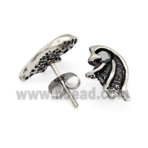 Stainless Steel Wings Stud Earrings Pave Rhinestone Antique Silver