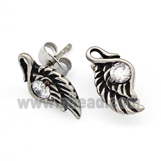 Stainless Steel Wings Stud Earrings Pave Rhinestone Antique Silver