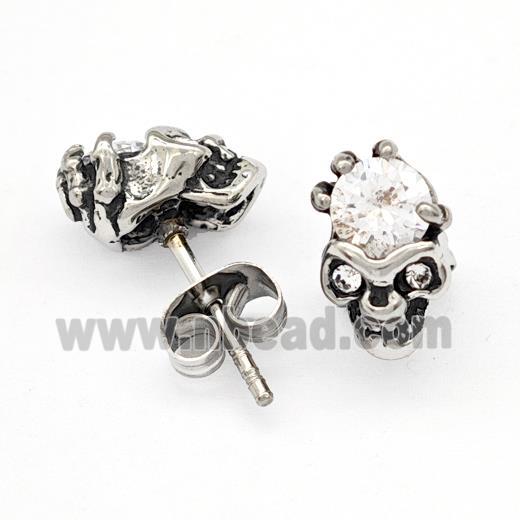 Stainless Steel Skull Stud Earrings Pave Rhinestone Antique Silver