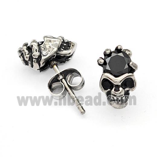 Stainless Steel Skull Stud Earrings Pave Rhinestone Antique Silver