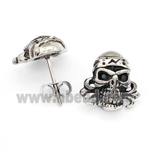 Stainless Steel Skull Stud Earrings Pave Rhinestone Antique Silver