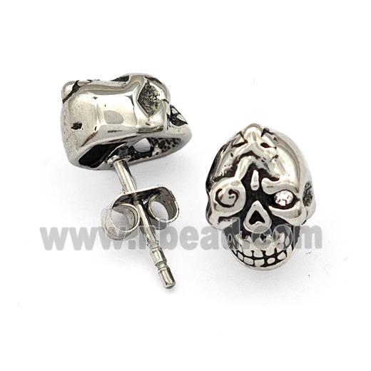 Stainless Steel Skull Stud Earrings Pave Rhinestone Antique Silver