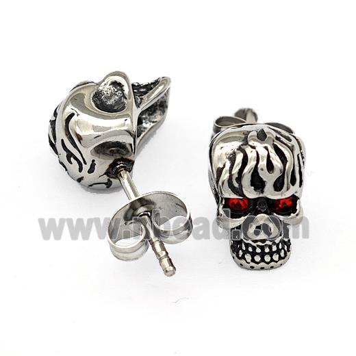 Stainless Steel Skull Stud Earrings Pave Rhinestone Antique Silver