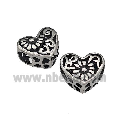 316 Stainless Steel Heart Beads Flower Hollow Large Hole Antique Silver