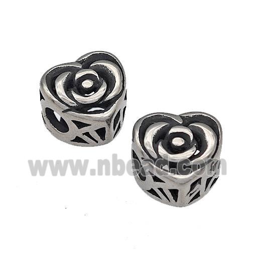 316 Stainless Steel Heart Beads Flower Hollow Large Hole Antique Silver