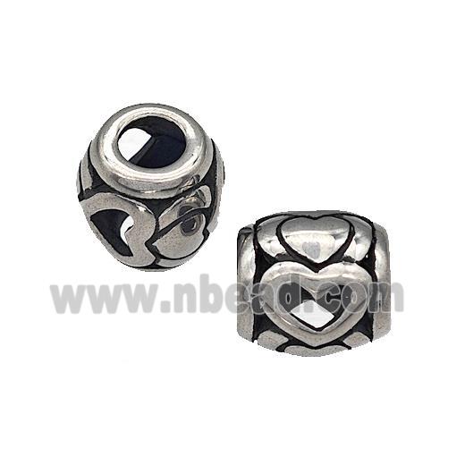 316 Stainless Steel Barrel Beads Heart Hollow Large Hole Antique Silver