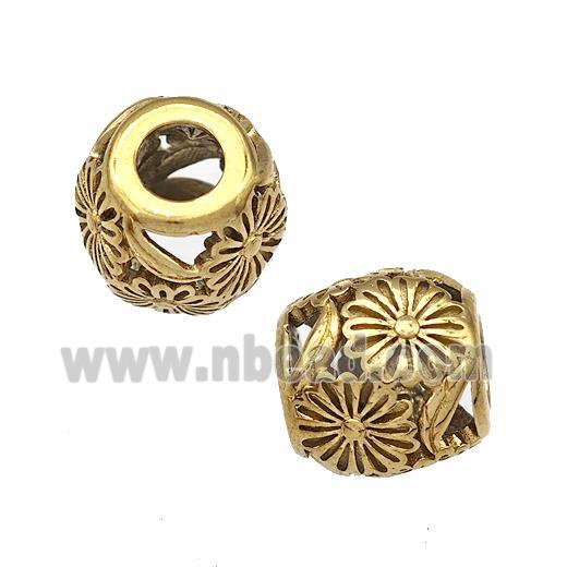 Stainless Steel Barrel Beads Flower Hollow Large Hole Gold Plated