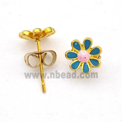 Stainless Steel Daisy Flower Stud Earring Pave Fire Opal Green Enamel Gold Plated