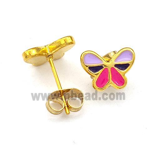 Stainless Steel Butterfly Stud Earrings Multicolor Enamel Gold Plated