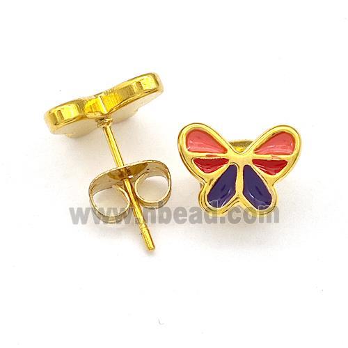 Stainless Steel Butterfly Stud Earrings Multicolor Enamel Gold Plated