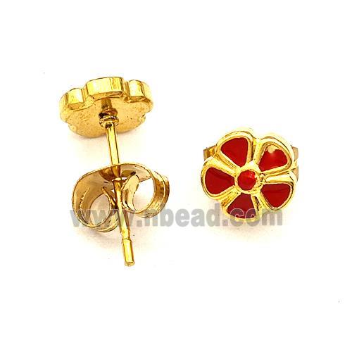 Stainless Steel Flower Stud Earring Red Enamel Gold Plated