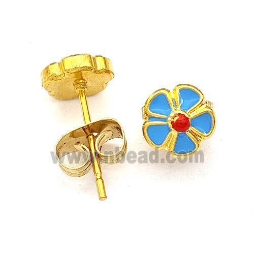 Stainless Steel Flower Stud Earring Blue Enamel Gold Plated