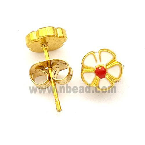 Stainless Steel Flower Stud Earring White Enamel Gold Plated