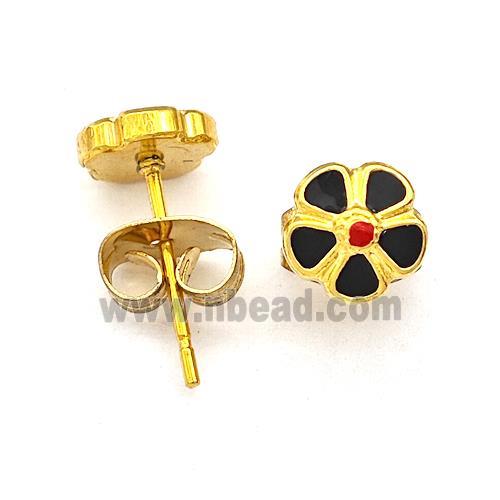 Stainless Steel Flower Stud Earring Black Enamel Gold Plated